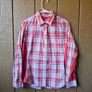 Eddie Bauer First Ascent Women's XL red white plaid long sleeve pearl snap shirt
